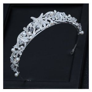 Silver Crystals, Pearls, Beads Hand Decorated Starfish Beach Wedding Tiara NWT